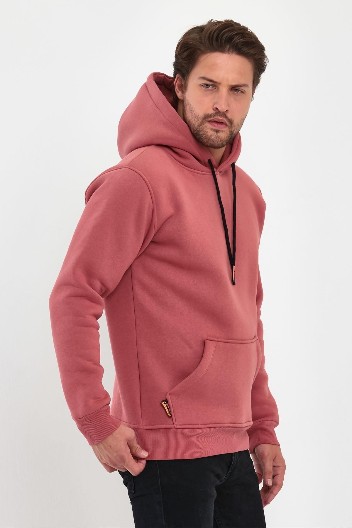 Erkek Kapşonlu Kanguru Cep Sweatshirt - Mürdüm Melanj - 4