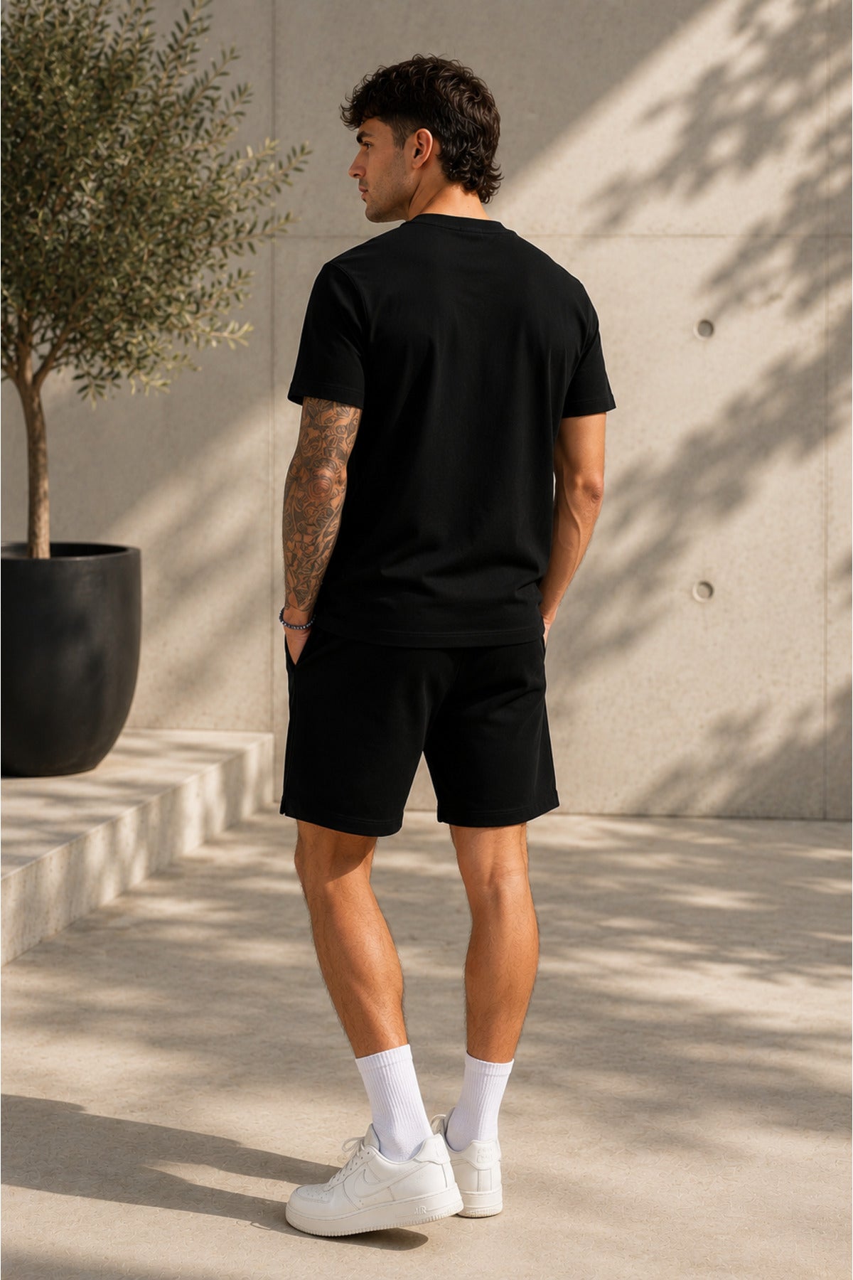 Erkek Oversize Basic Şortlu Bisiklet Yaka Yazlık İ̇kili Takım - Siyah - 2