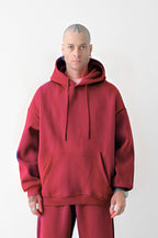 Erkek Bol Kesim Oversize 3 İplik İçi Pamuklu Şardonlu Kanguru Cep Kapşonlu Kışlık Hoodie Sweatshirt - Mürdüm Melanj - 1