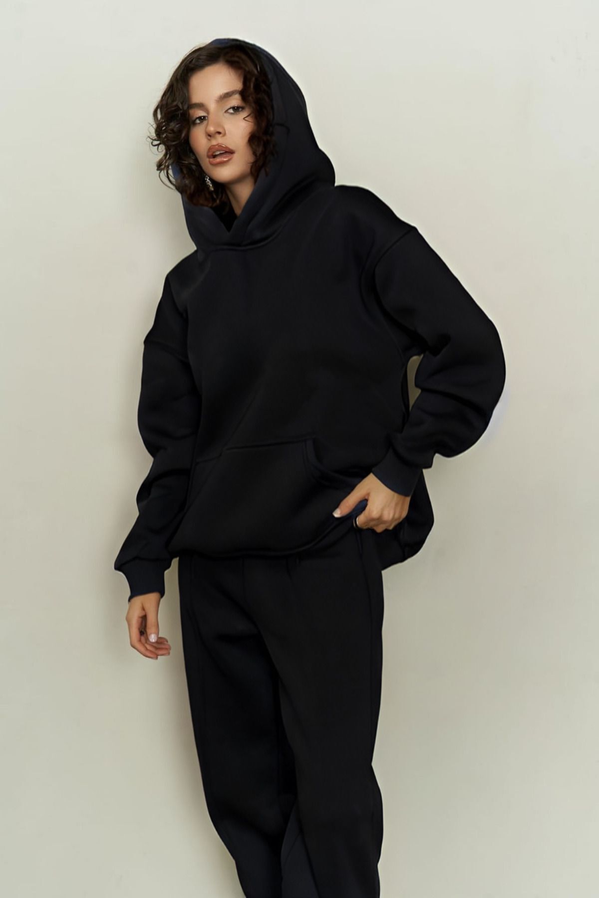 Kadin Oversi̇ze Kalin Kişlik Eşfoman Takimi - Siyah - 1