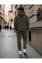 Erkek 3 İ̇pli̇k Oversi̇ze Kapüşonlu Kanguru Cep Lasti̇k Paça Jogger Eşofman Takimi - Haki - 4