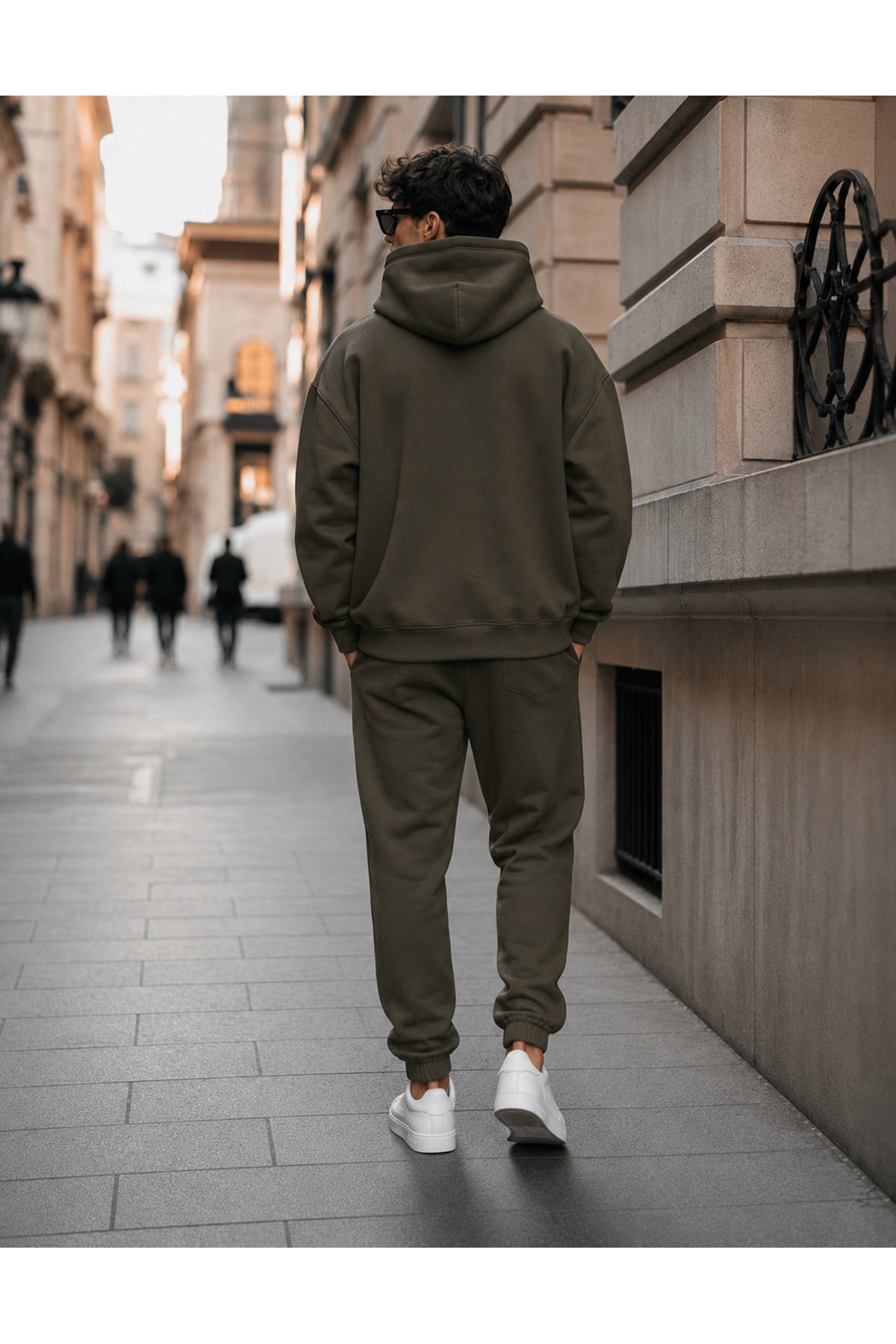 Erkek 3 İ̇pli̇k Oversi̇ze Kapüşonlu Kanguru Cep Lasti̇k Paça Jogger Eşofman Takimi - Haki - 4