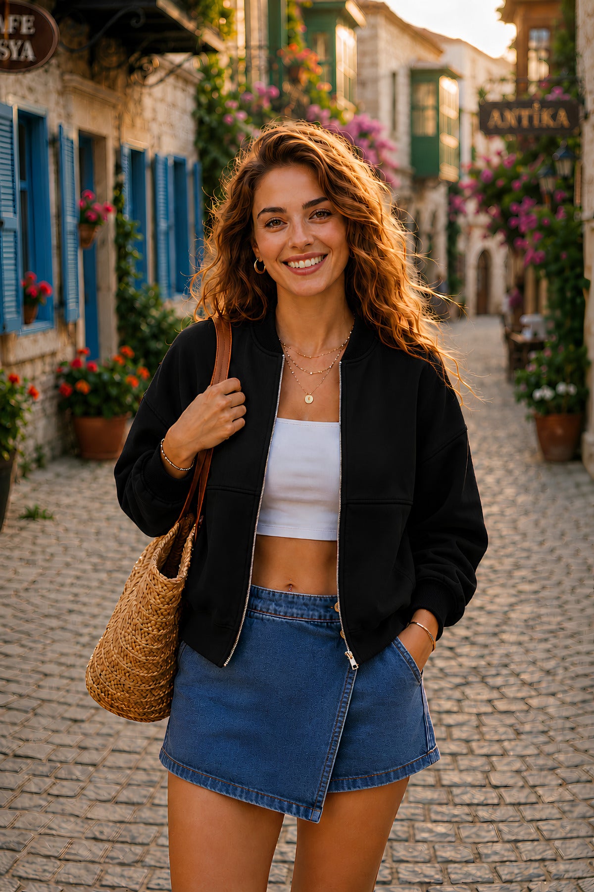 Kadın Fermuarlı Oversize Bomber Basic Mevsimlik Günlük Ceket - Siyah - 1