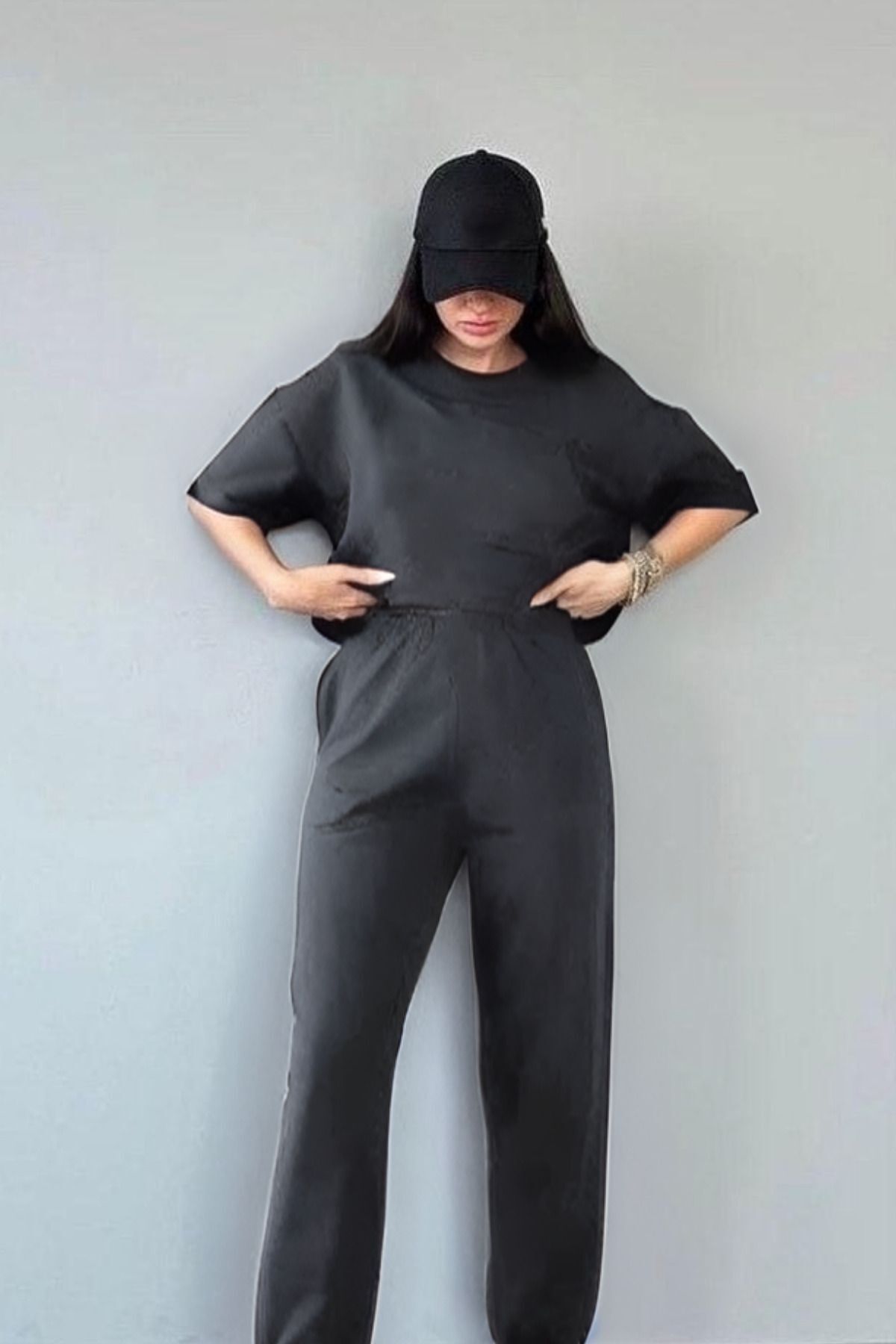 Kadın Kısa Kollu Pijama Takımı Bisiklet Yaka Salaş Tok Kumaş - Füme - 1