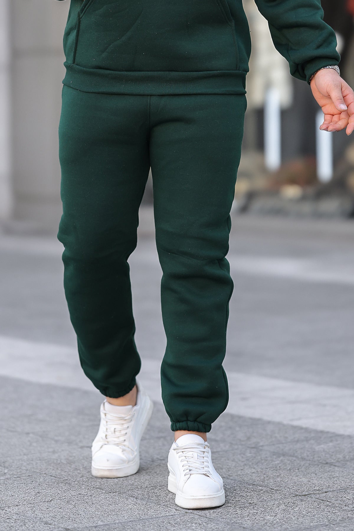 Erkek Bol Kesim Oversize 3 İ̇plik İ̇çi Pamuklu Şardonlu Lastikli Paça Jogger Kışlık Eşofman Altı - Koyu Yeşil - 1