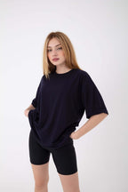 Kadın Oversize Kısa Kollu Bisiklet Yaka Tişört - Siyah - 2