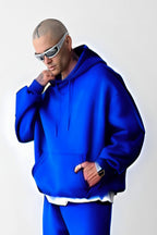 Erkek Bol Kesim Oversize 3 İplik İçi Pamuklu Şardonlu Kanguru Cep Kapşonlu Kışlık Hoodie Sweatshirt - Saks Mavi - 2