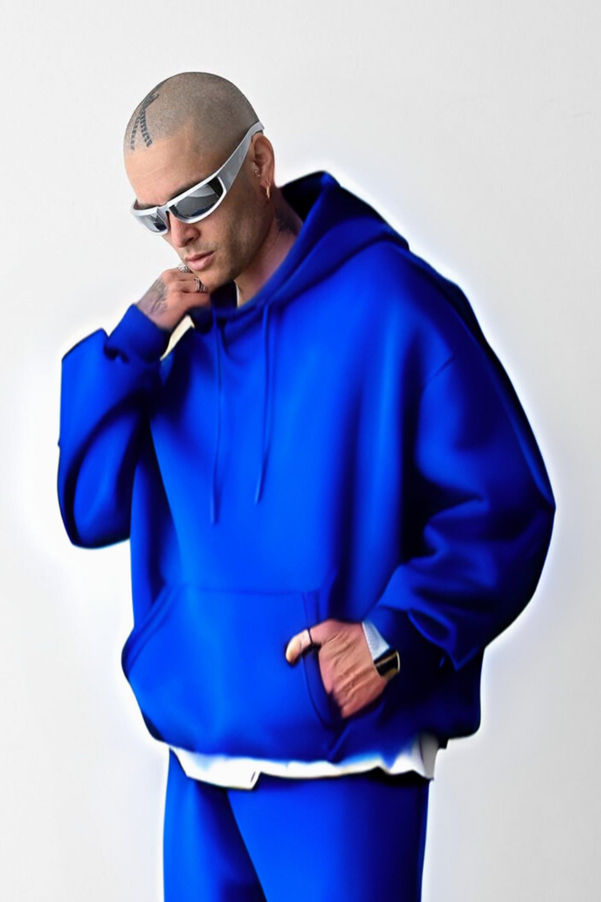 Erkek Bol Kesim Oversize 3 İplik İçi Pamuklu Şardonlu Kanguru Cep Kapşonlu Kışlık Hoodie Sweatshirt - Saks Mavi - 2