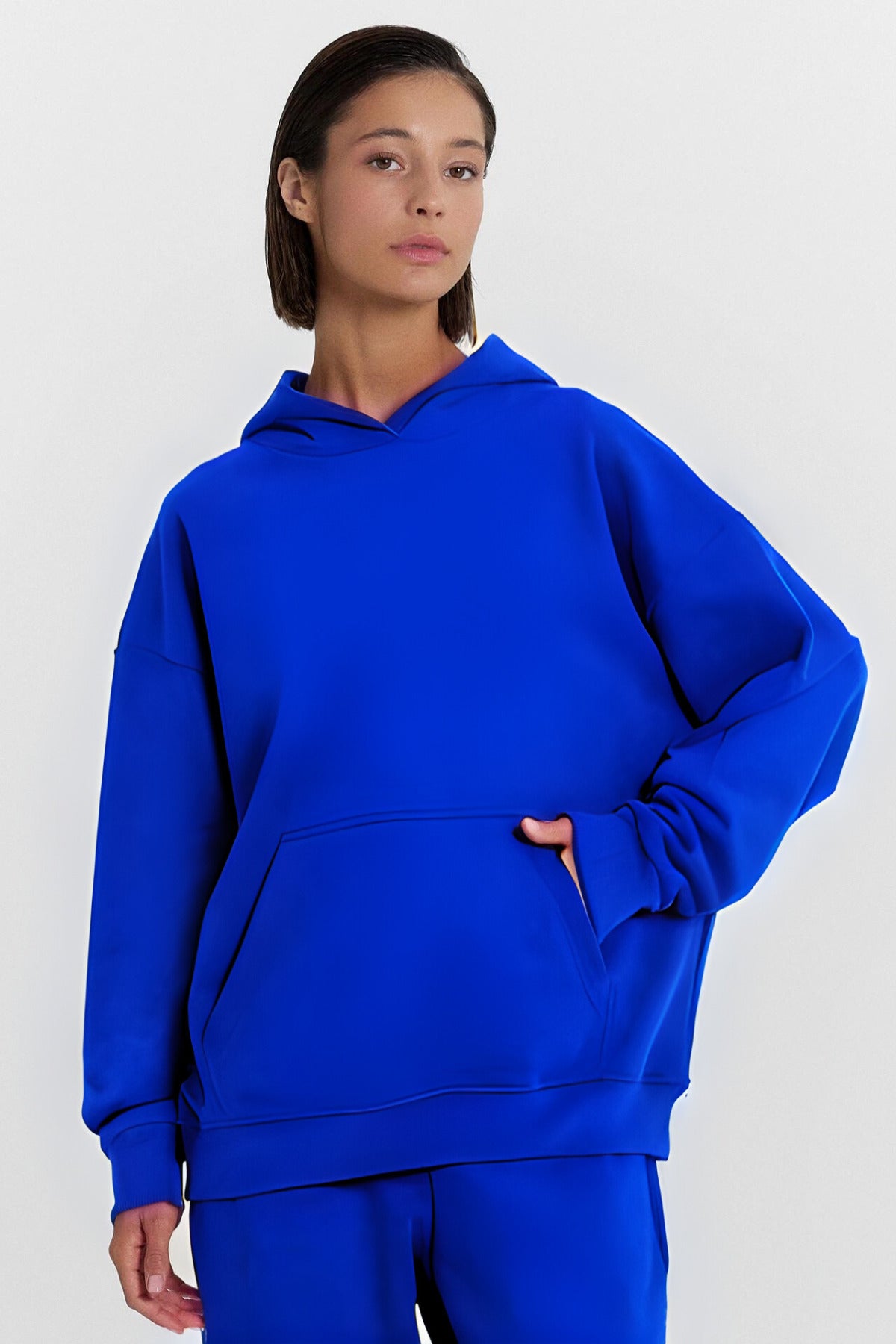 Kadın Baskısız Düz İ̇çi Şardonlu Kalın Kışlık Sweatshirt - Saks Mavisi - 1