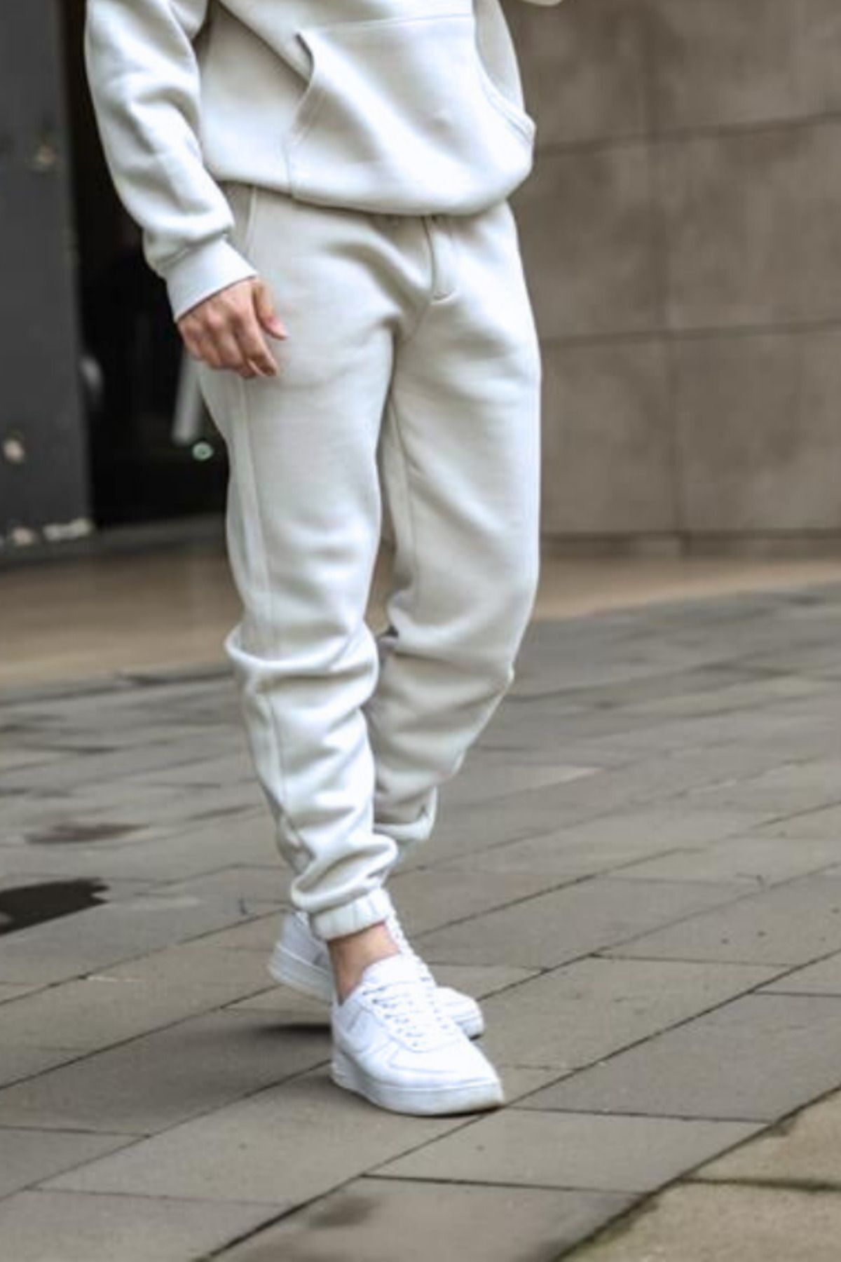 Bay Beyaz Beli Lastikli 3 İplik Streetwear Eşofman Altı - Beyaz - 1