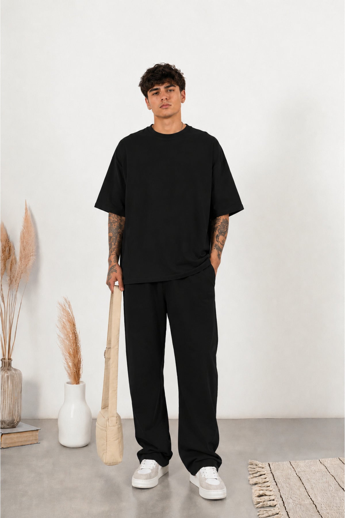 Erkek Yeni Sezon Oversize Premium Tişört Pantolon Kombin - Siyah - 3