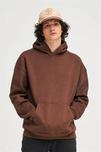 Unisex Kadın Kahverengi Baskısız Kanguru Cepli Kapüşonlu 3 İ̇plik Şardonlu Sweatshirt Oversize Hoodie - Kahverengi - 4