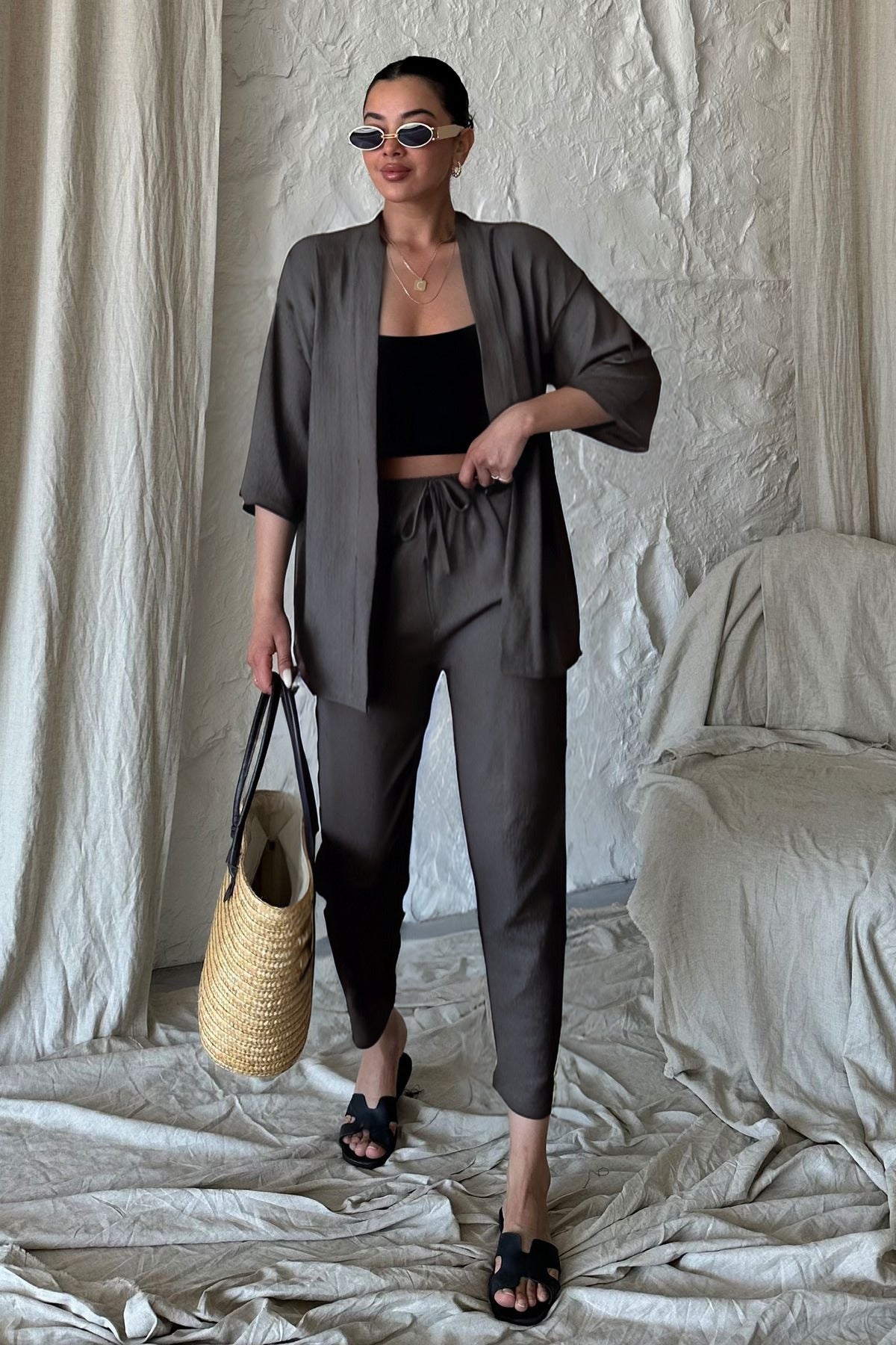 Kadın Dökümlü Bürümcük Yazlık Palazzo Kimono Takım - Füme - 5