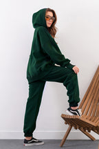 Kadın Yüksek Bel 3 İ̇plik Kalın Şardonlu Oversize Fit Jogger Eşofman Takımı - Koyu Yeşil - 2