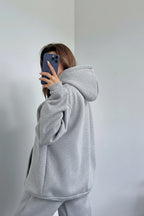 Kadın Oversize Trend Model Kanguru Cep Kapşonlu Sweatshirt Eşofman Takımı - Gri Melanj - 3