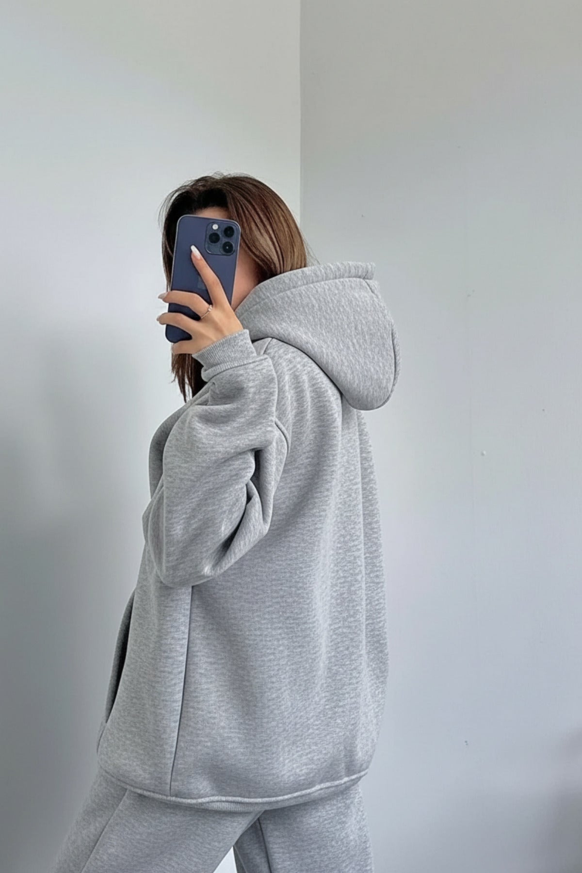 Kadın Oversize Trend Model Kanguru Cep Kapşonlu Sweatshirt Eşofman Takımı - Gri Melanj - 3
