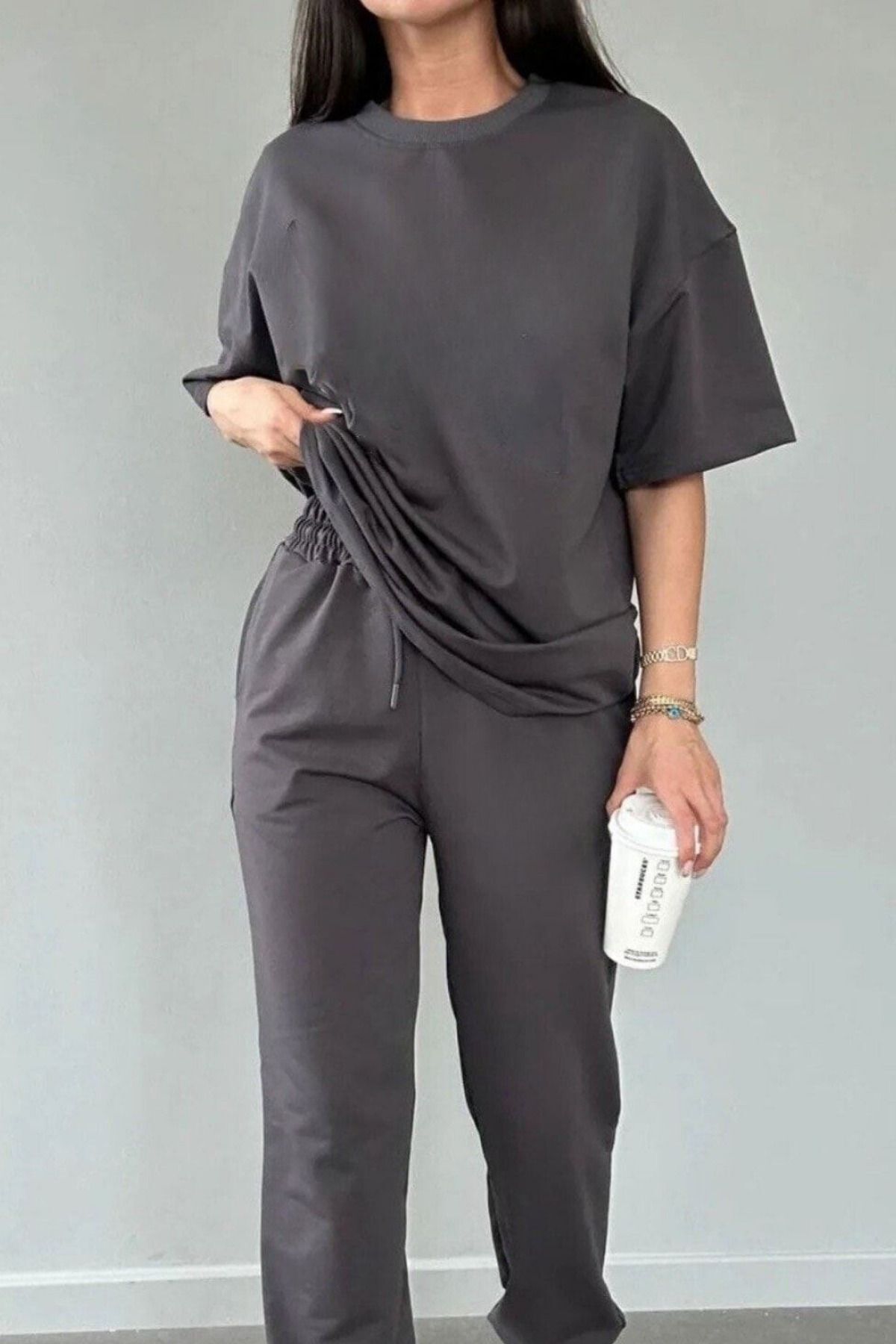 Kadın Füme Rahat Penye Pijama Takımı - Füme - 2