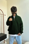 Erkek Yarım Fermuarlı Basic Dik Yaka Kazak - Koyu Yeşil - 1