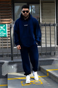 Erkek Yesterday Baskılı Oversize Kışlık Kanguru Cep Kapşonlu Jogger Eşofman Takımı - Lacivert - 1