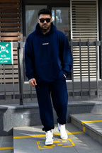 Erkek Yesterday Baskılı Oversize Kışlık Kanguru Cep Kapşonlu Jogger Eşofman Takımı - Lacivert - 1