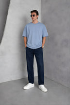 Erkek Siyah Basic Oversize Tişört Rahat Kalıp Düz Minimal Pamuklu Günlük T-shirt - Açık Mavi - 1