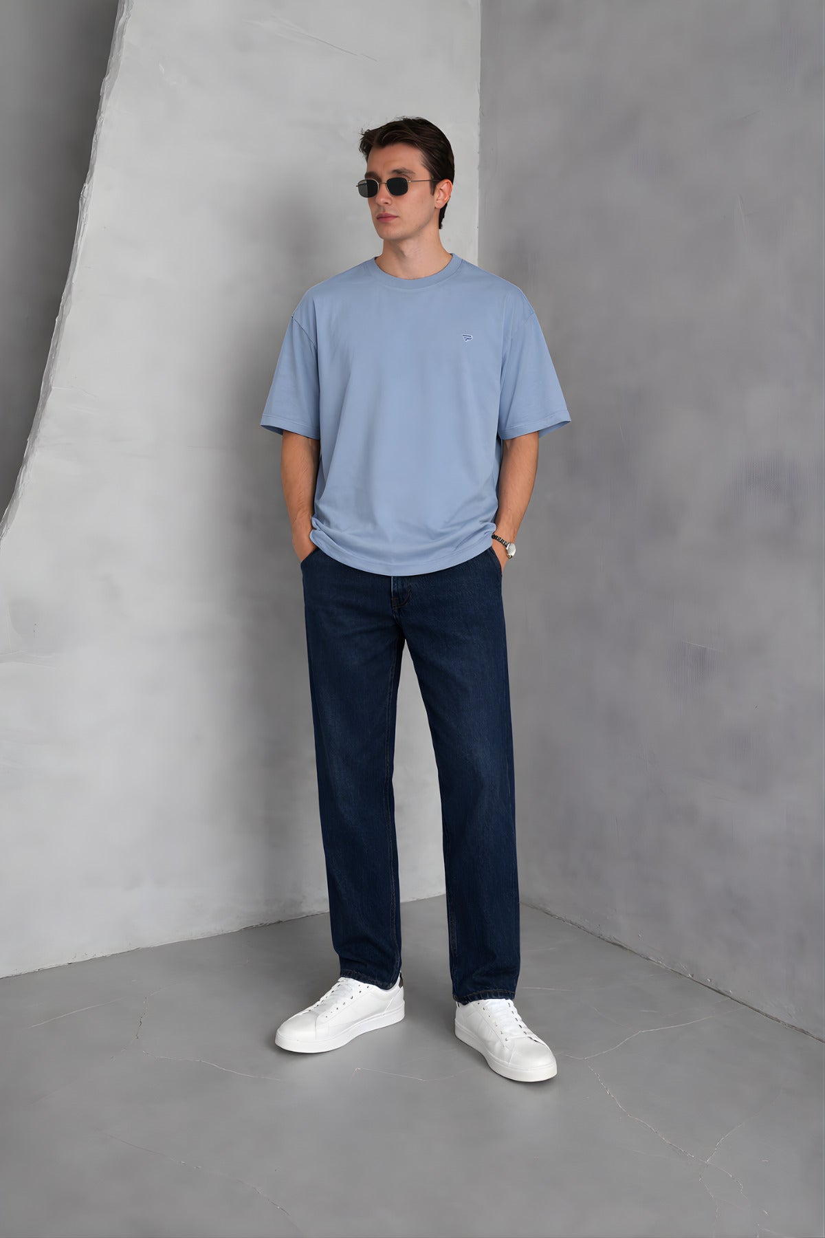 Erkek Siyah Basic Oversize Tişört Rahat Kalıp Düz Minimal Pamuklu Günlük T-shirt - Açık Mavi - 1
