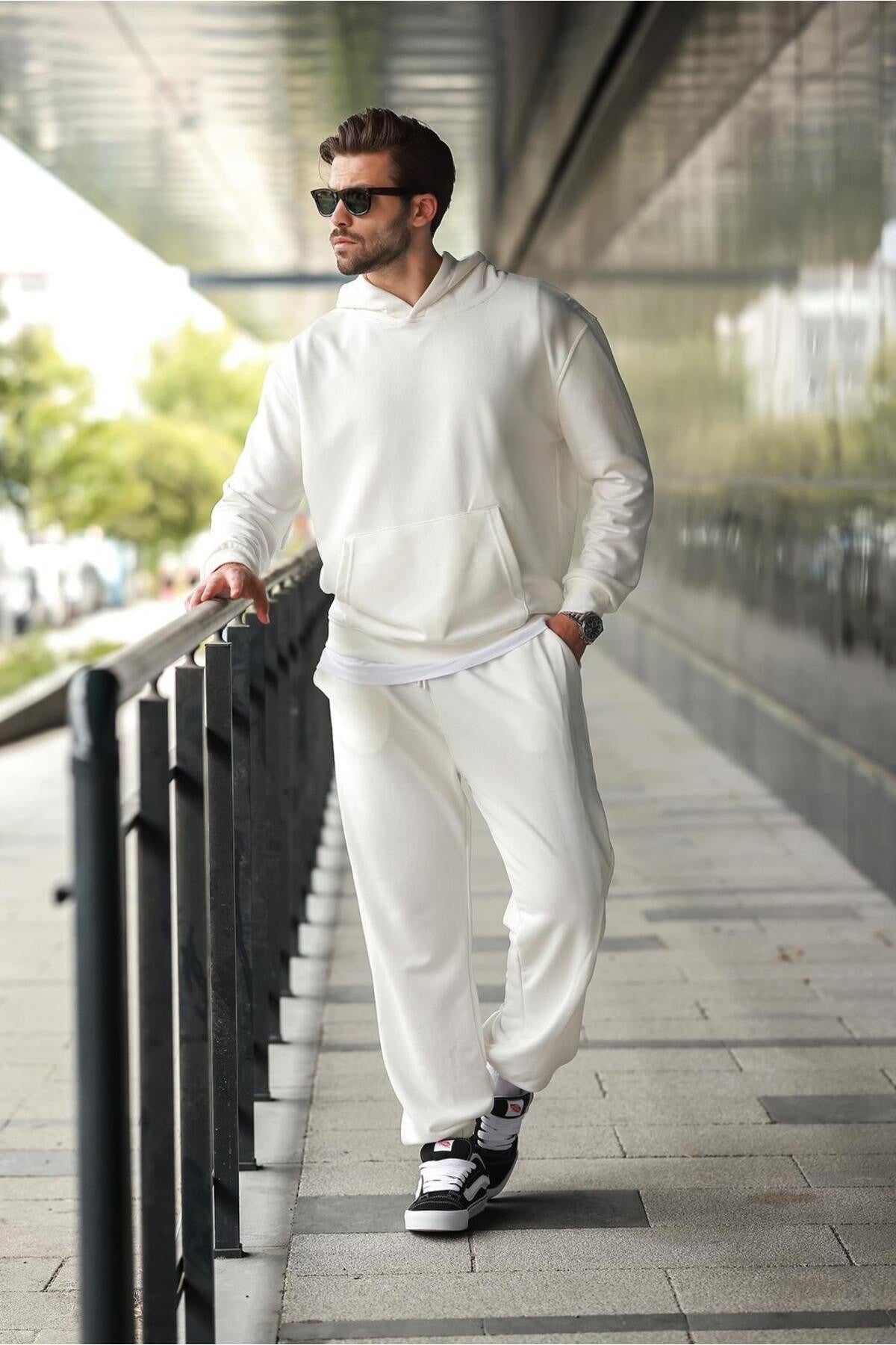Erkek Hoodie Bol Paça Baggy Salaş Kapşonlu Rahat Kesim Eşofman Takımı - Beyaz - 3