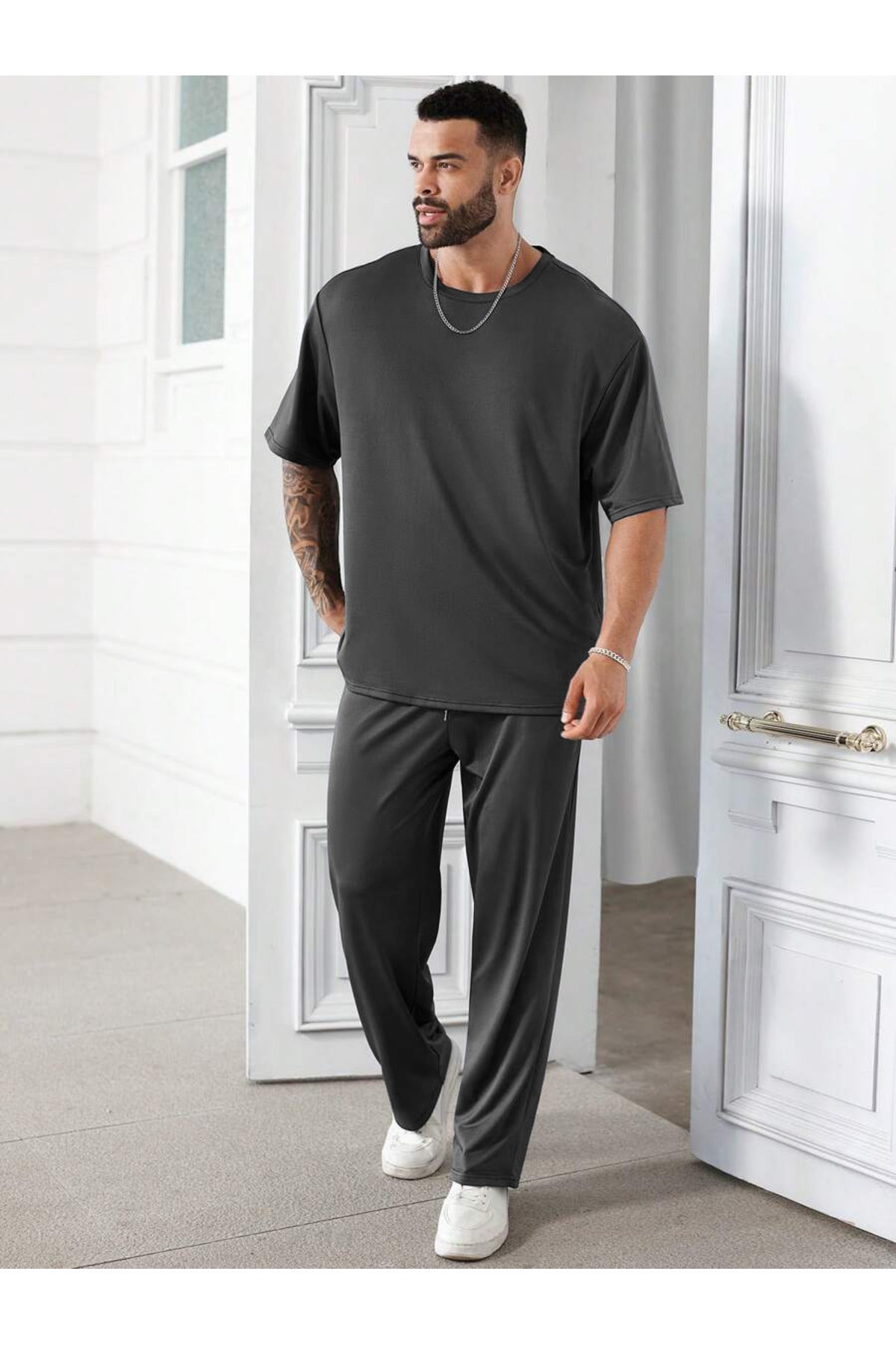 Erkek Bisiklet Yaka Pijama Takımı - Füme - 1