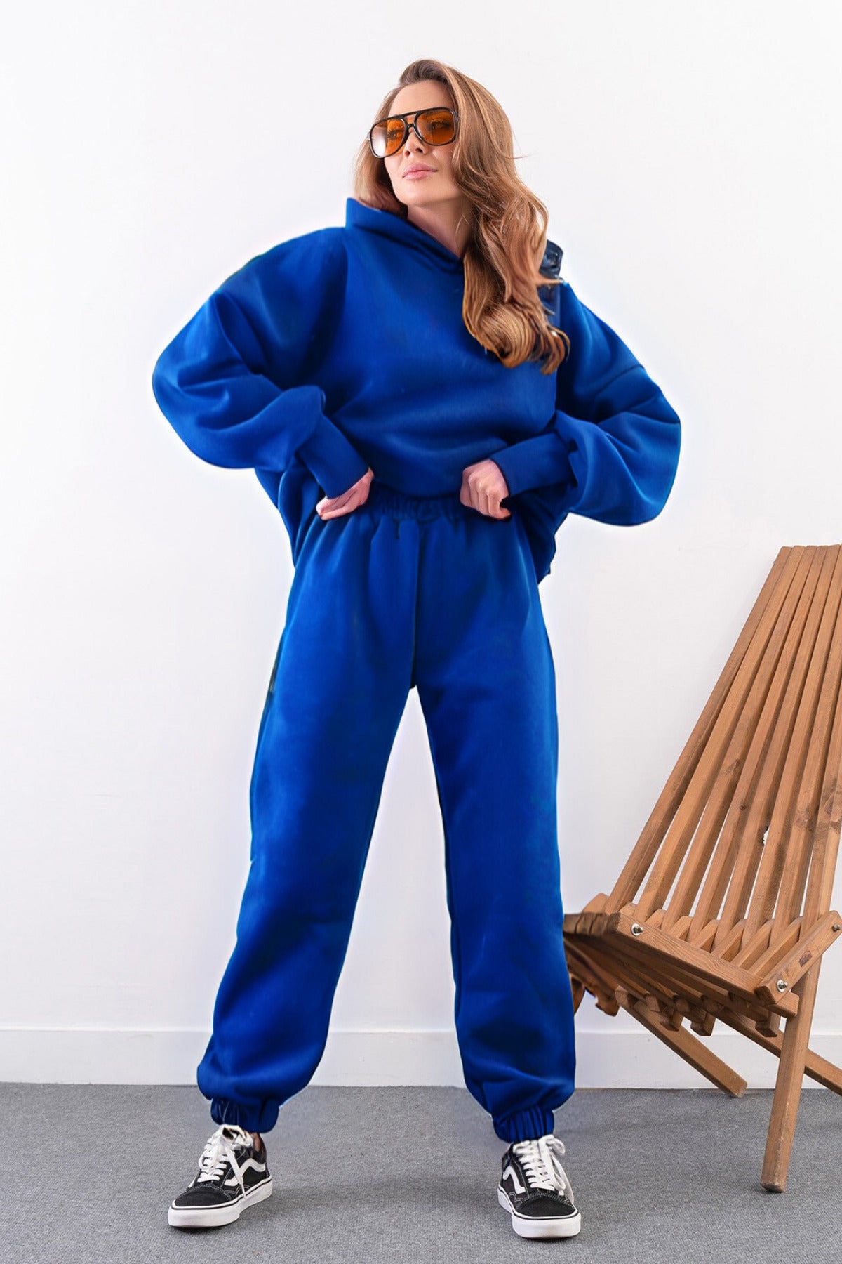Kadın Yüksek Bel 3 İ̇plik Kalın Şardonlu Oversize Fit Jogger Eşofman Takımı - Saks Mavisi - 1