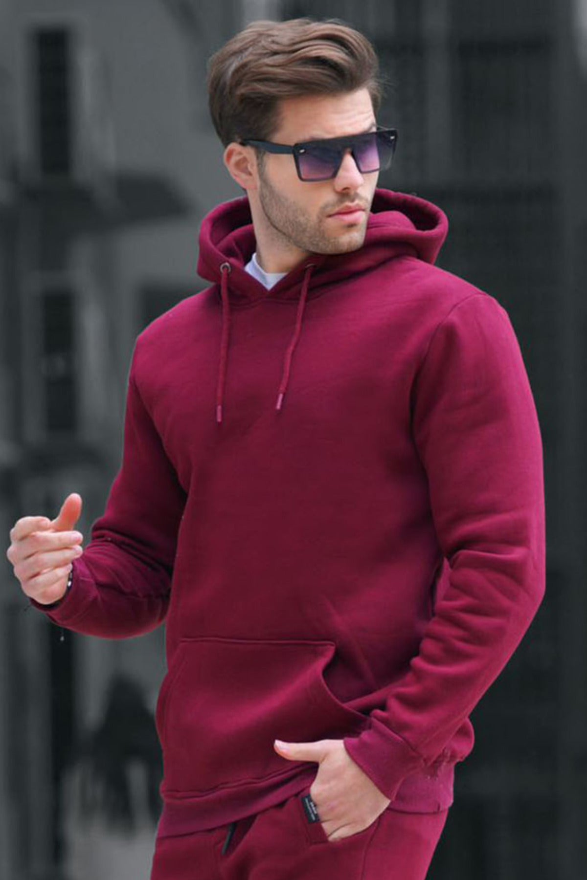 Erkek 3i̇plik Kapşonlu Mevsimlik Oversize Sweatshirt - Bordo - 1