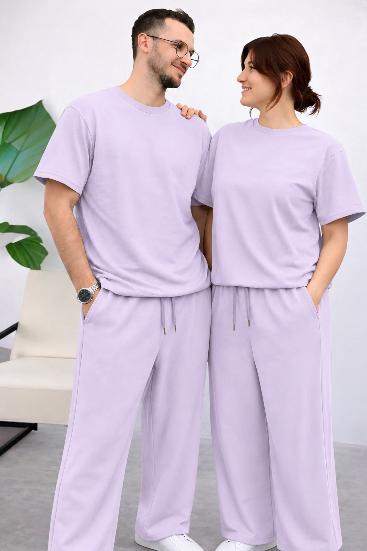 Çift Özel Erkek Kadın Kısa Kollu Eşofman Takımı (tekli) Beli İ̇plik Bol Paça - Lila - 2