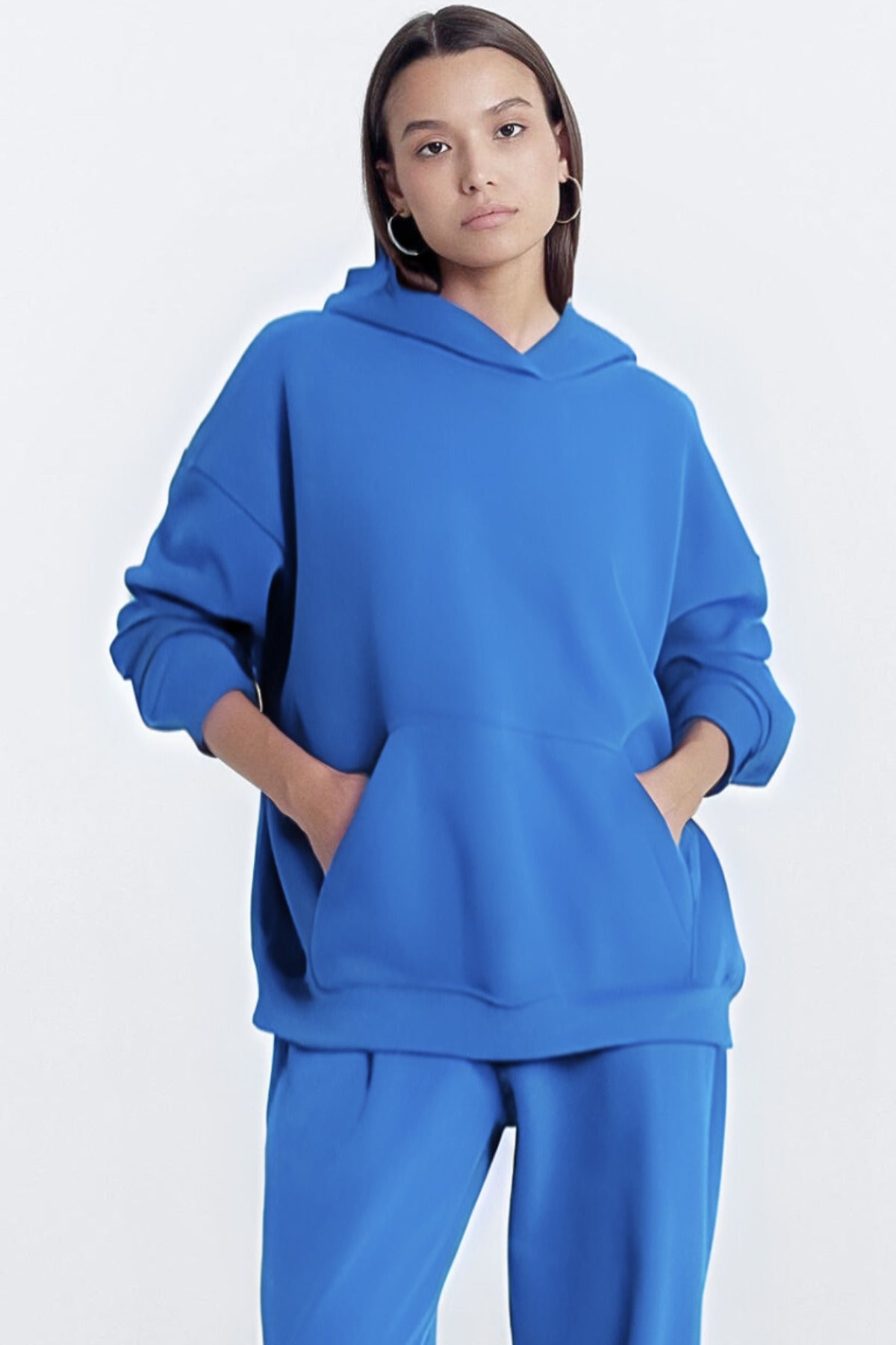Kadın Baskısız Düz İ̇çi Şardonlu Kalın Kışlık Sweatshirt - Bebe Mavisi - 2
