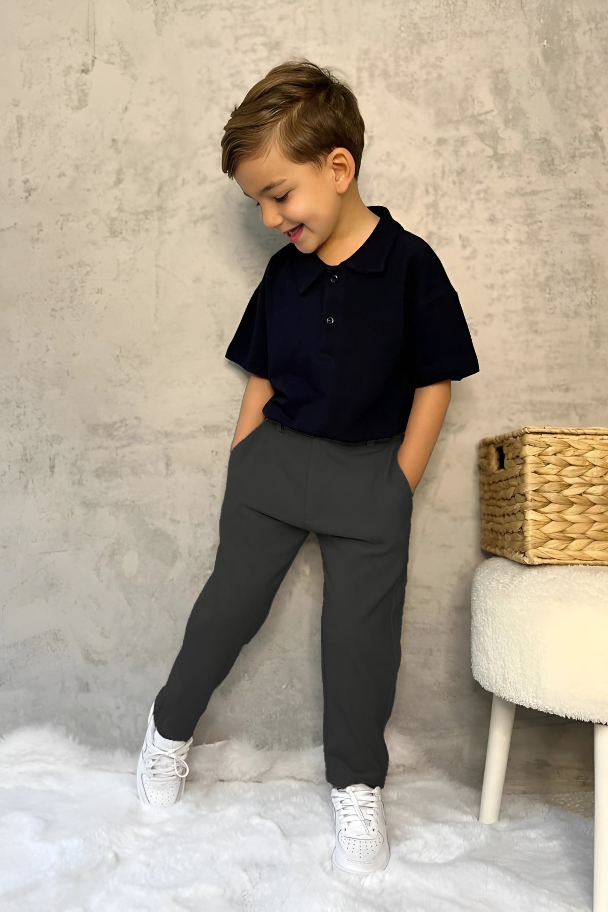 Çocuk Okul İ̇çin Beli Lastikli Pantolon - Füme - 1