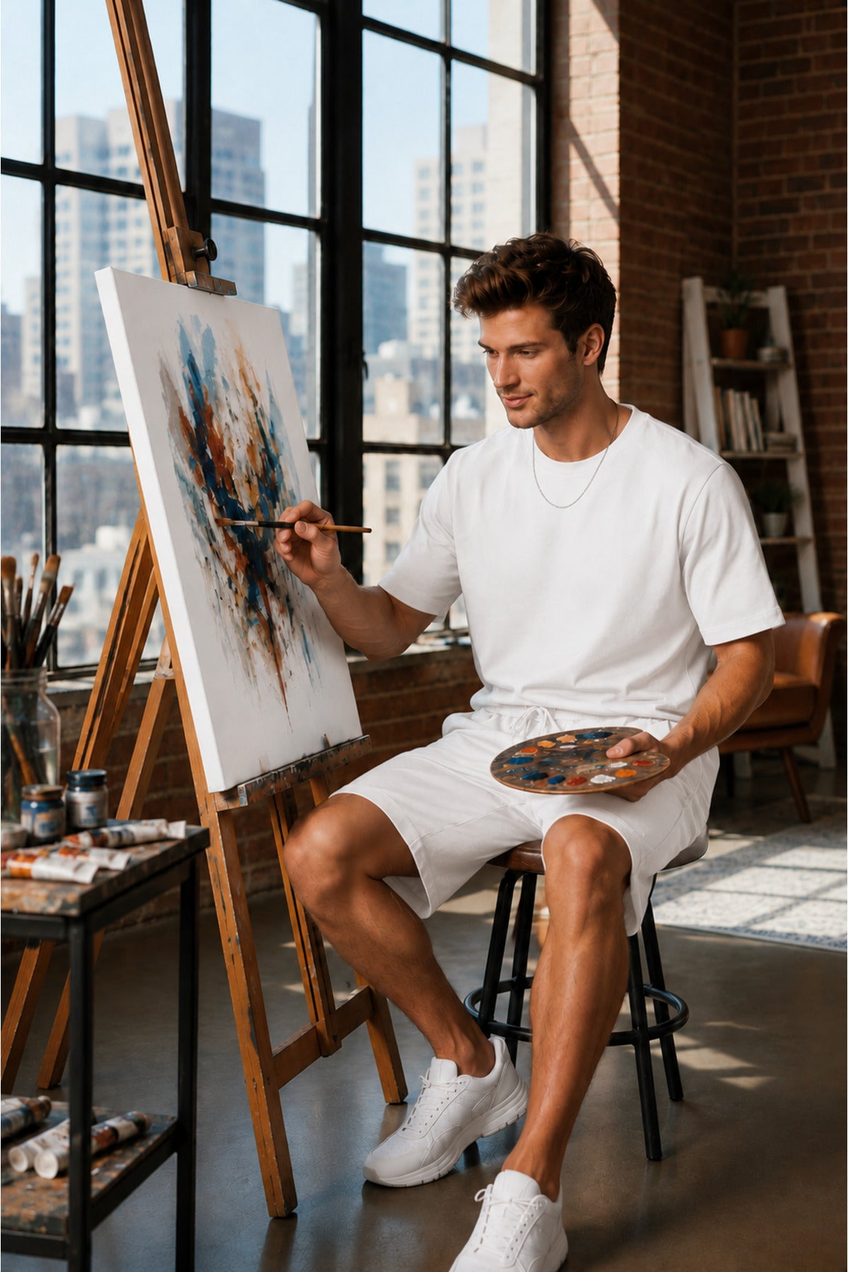 Erkek Modern Ressam Stili Sanat Atölyesi Konseptli Oversize Şortlu Rahat Takım - Beyaz - 4
