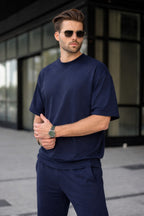Erkek Basic Oversize Takım Kısa Kollu Penye Konforlu Kombin - Lacivert - 2