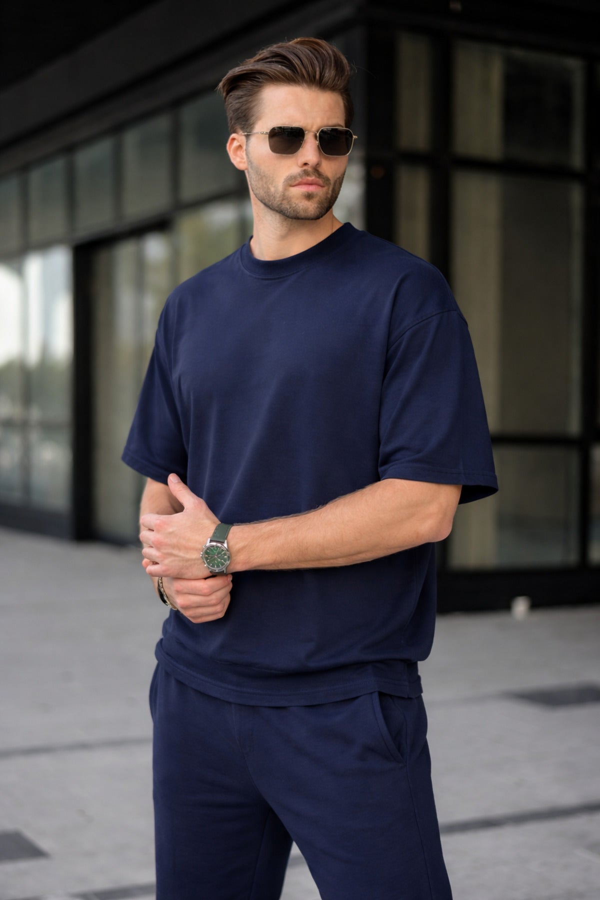 Erkek Basic Oversize Takım Kısa Kollu Penye Konforlu Kombin - Lacivert - 2
