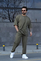 Erkek Gündelik Kısa Kollu T-shirt Pijama Takımı - Haki - 3