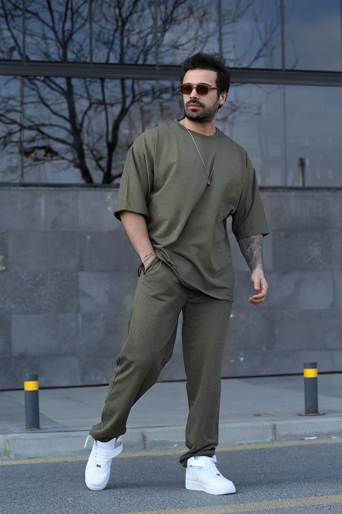 Erkek Gündelik Kısa Kollu T-shirt Pijama Takımı - Haki - 3