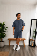 Erkek Oversize Basic Tişört Şort Takım Günlük Kısa Kollu Yazlık Eşofman Takımı - Füme - 4