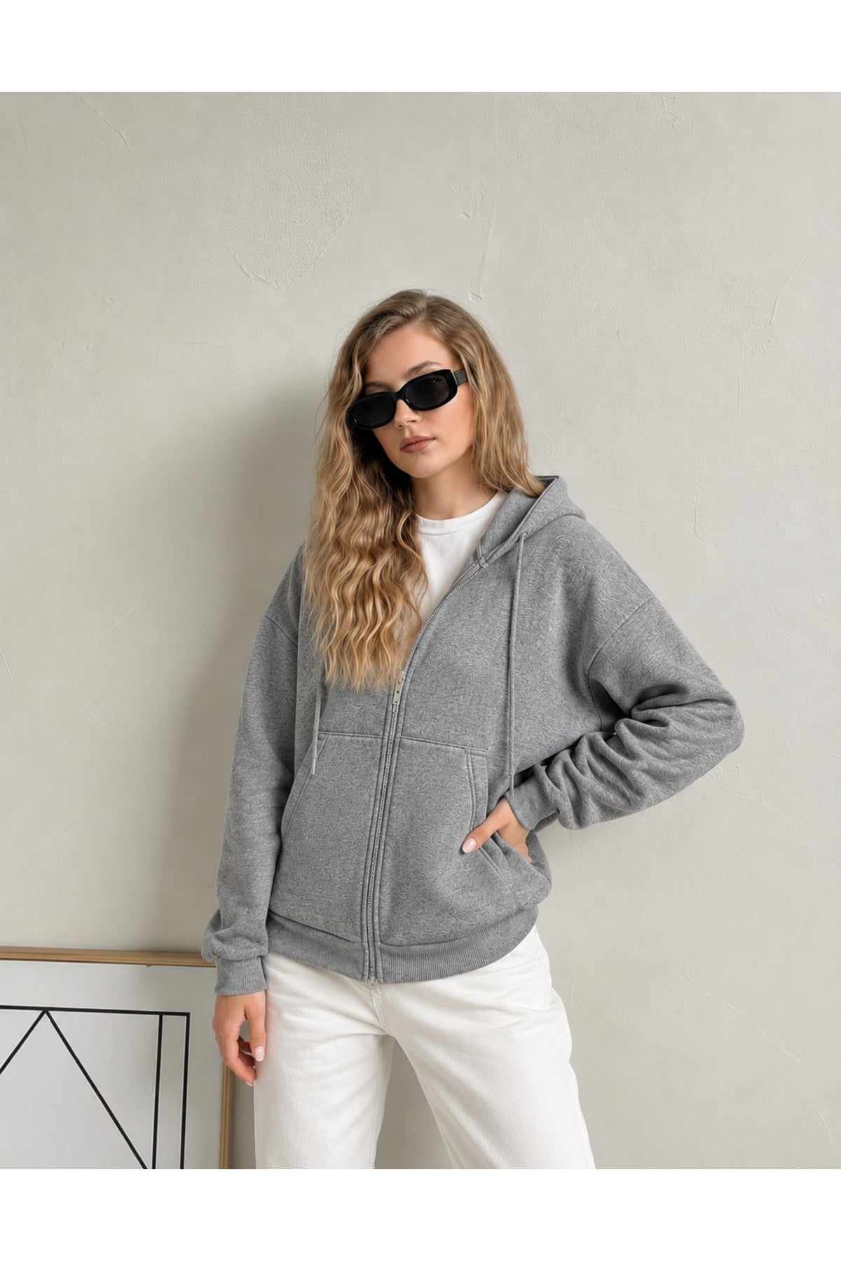Kadin 3 İ̇pli̇k Kapüşonlu Fermuarli Oversi̇ze Sweatshirt Hirka - Gri Melanj - 1