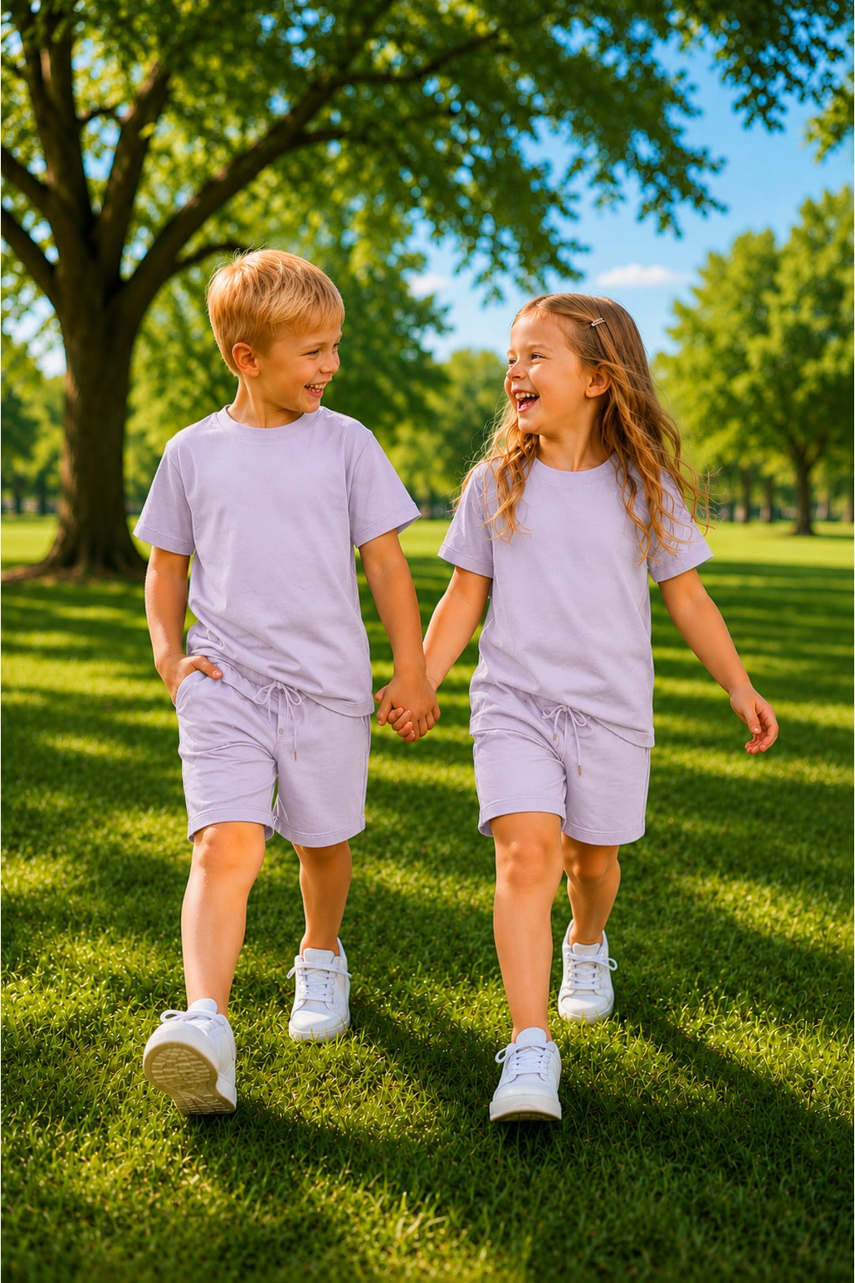 Çocuk Unisex Kisa Kollu Oversize Rahat Kesi̇m Beli̇ Bağlamali Li̇krali T-shi̇rt Şortlu Yazlik Takim - Lila - 1