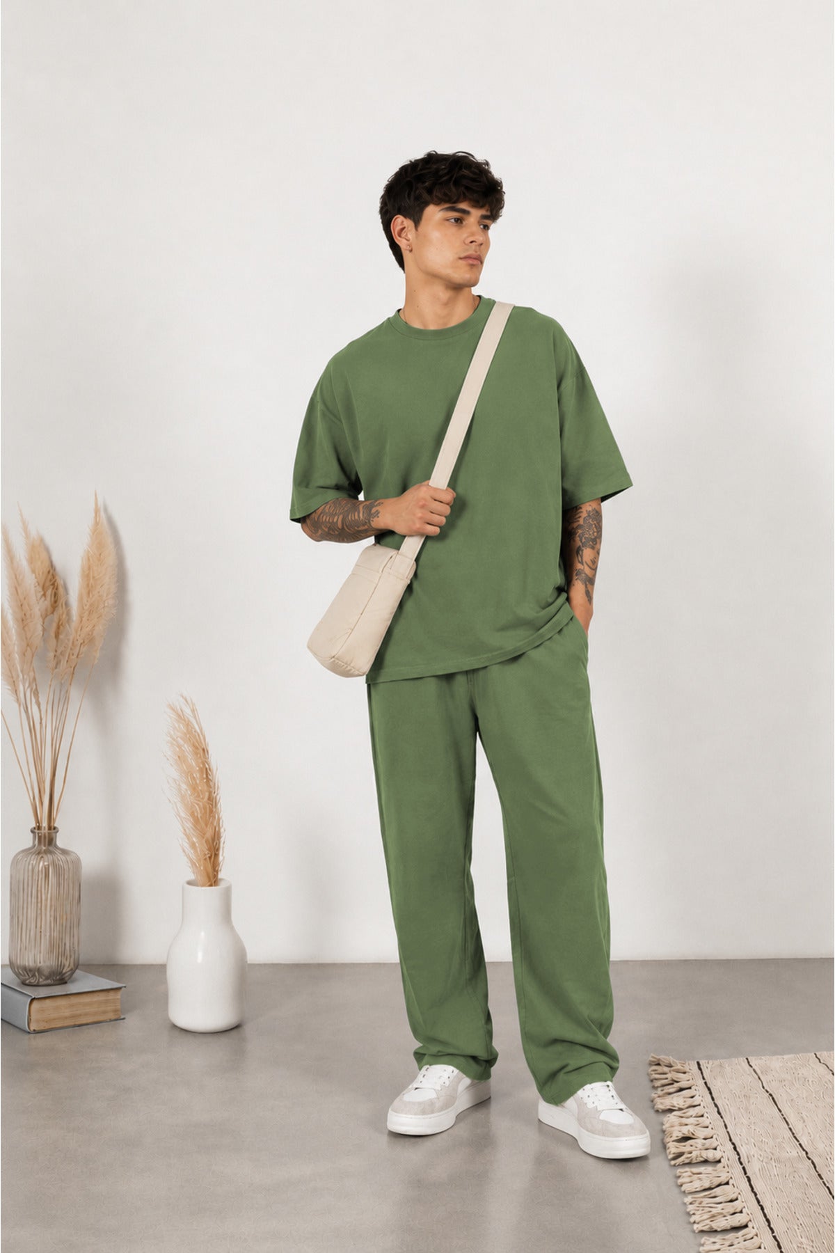 Erkek Yeni Sezon Oversize Premium Tişört Pantolon Kombin - Yeşil - 1