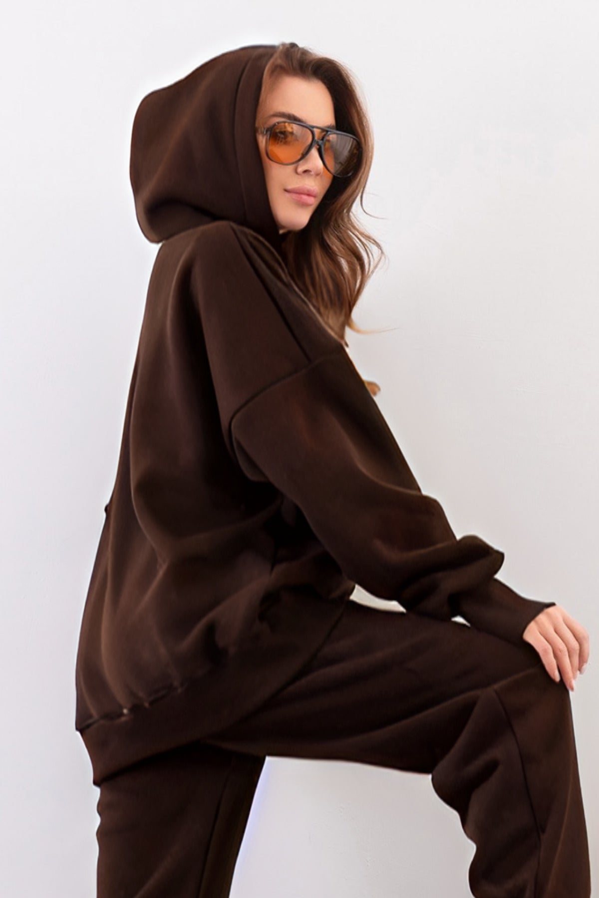 Kadın Esnek Rahat Kalıp Basic Model Sweatshirt - Kahverengi - 2