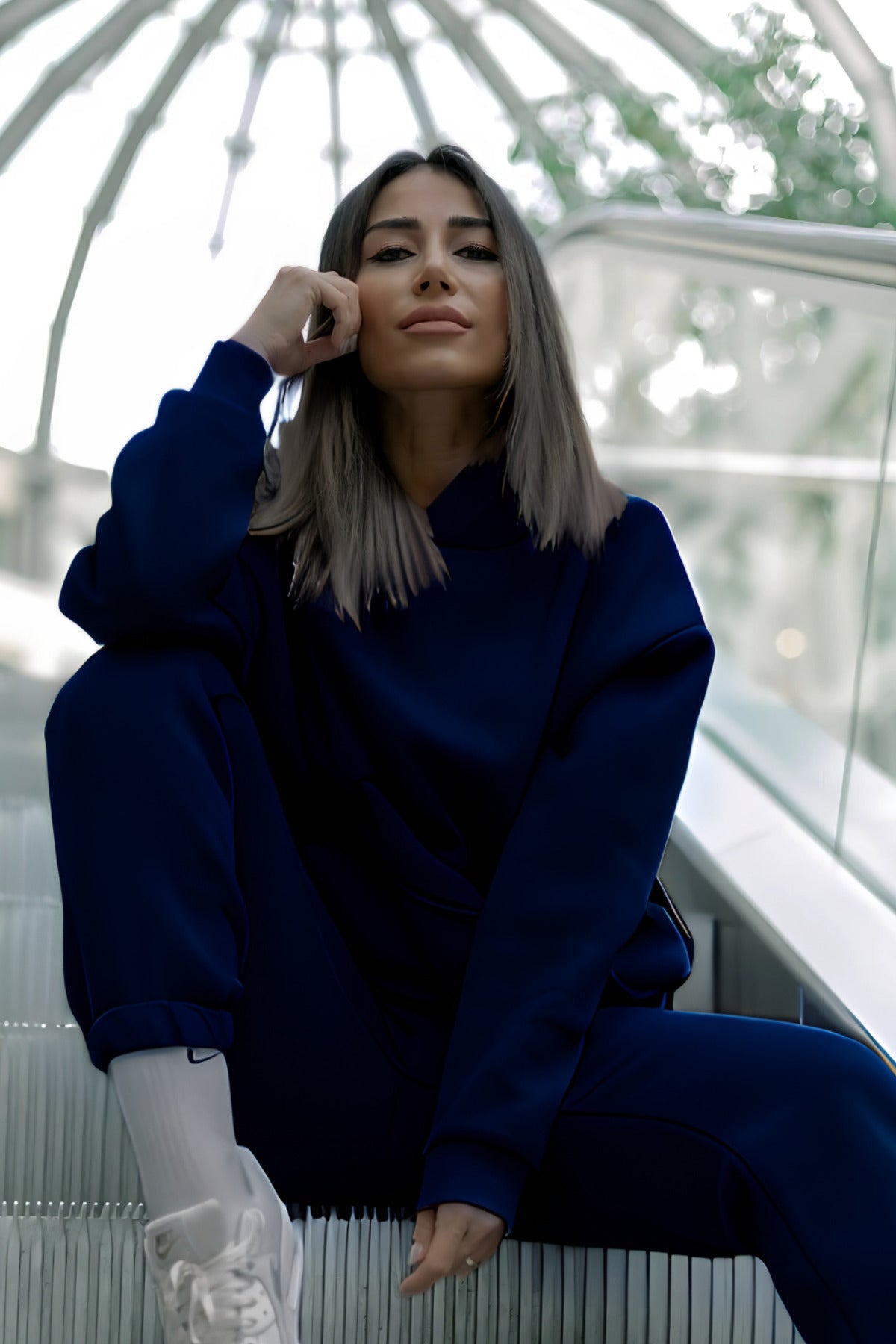Kadın Pamuklu Bisiklet Yaka Sweatshirt - Lacivert - 2