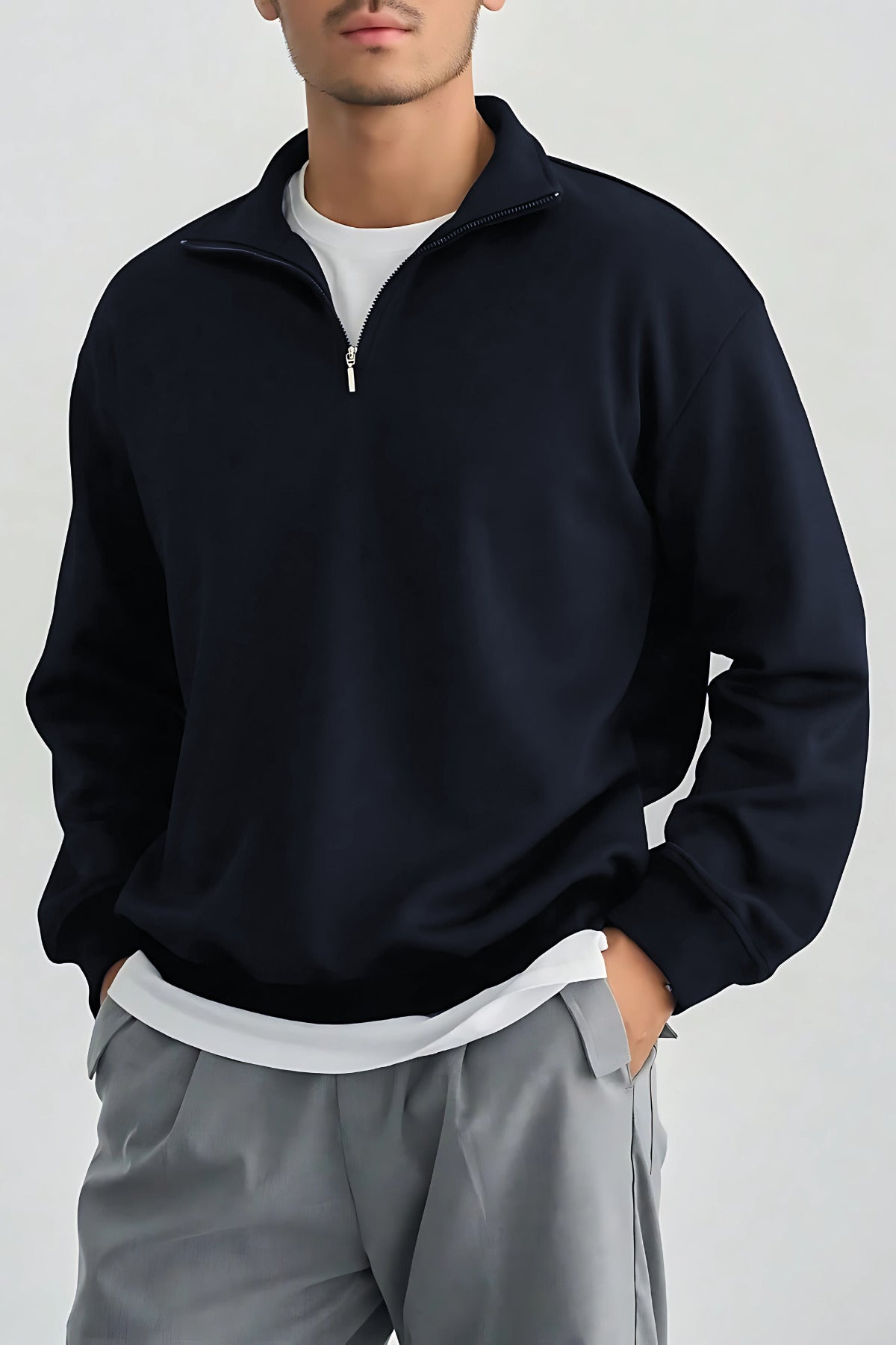 Erkek Dik Yaka Fermuarlı Sweatshirt 3 İplik Puf - Lacivert - 2