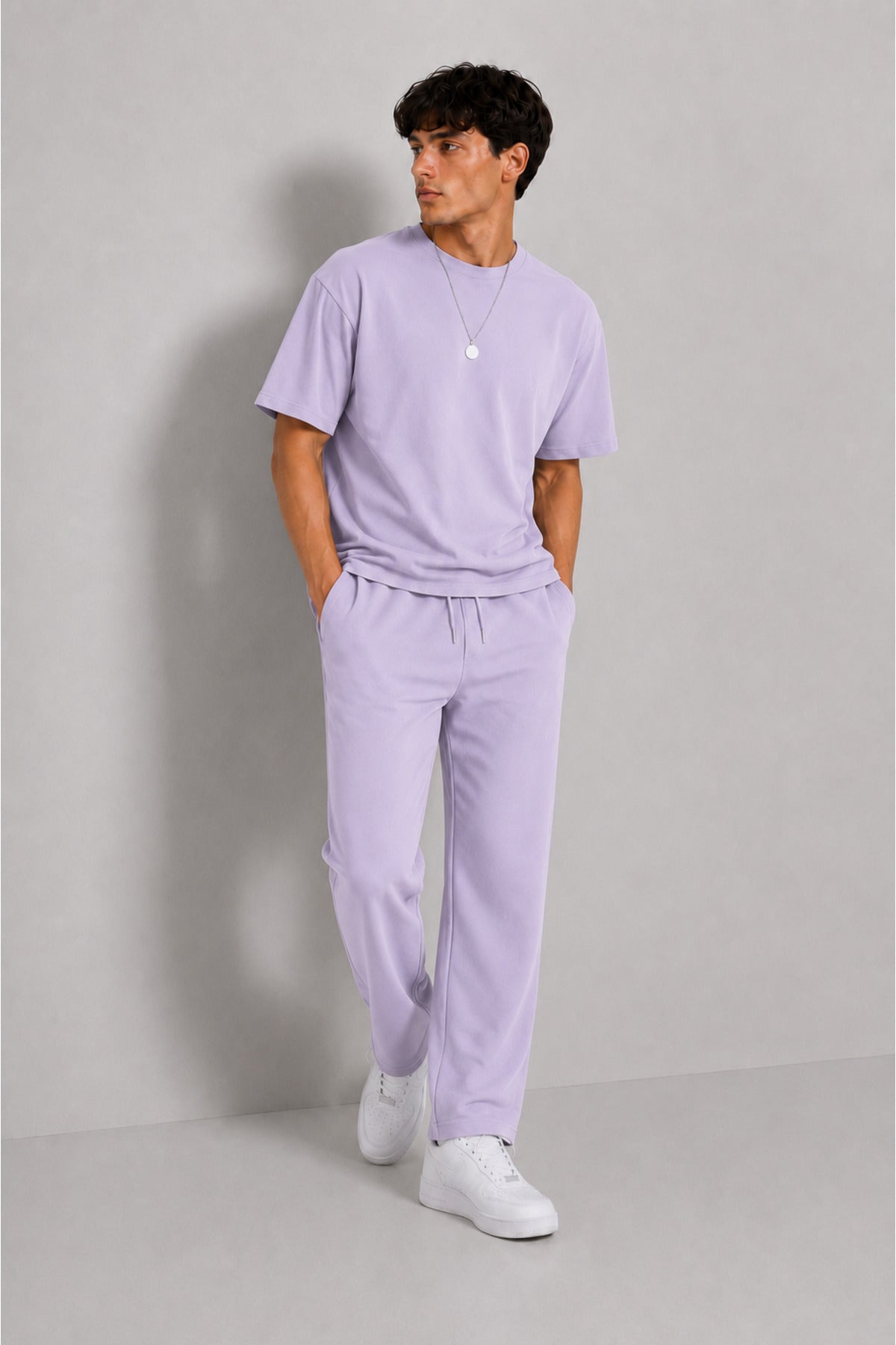 Erkek 2 İ̇plik Oversize Basic Bisiklet Yaka Rahat Kalıp Günlük Eşofman Takımı - Lila - 5
