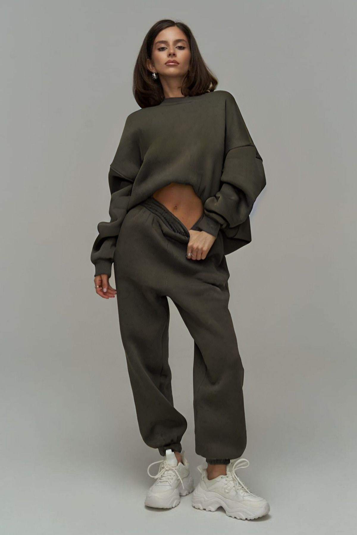 Kadin Haki̇ Bi̇si̇klet Yaka Jogger Eşofman Takimi *yeni̇ Koleksi̇yon* - Haki - 1