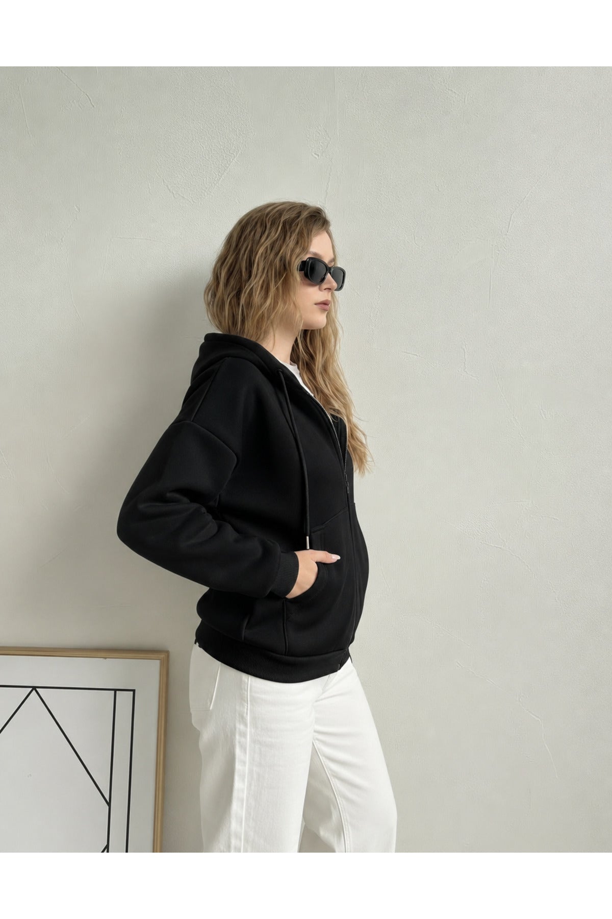 Kadin 3 İ̇pli̇k Kapüşonlu Fermuarli Oversi̇ze Sweatshirt Hirka - Siyah - 2