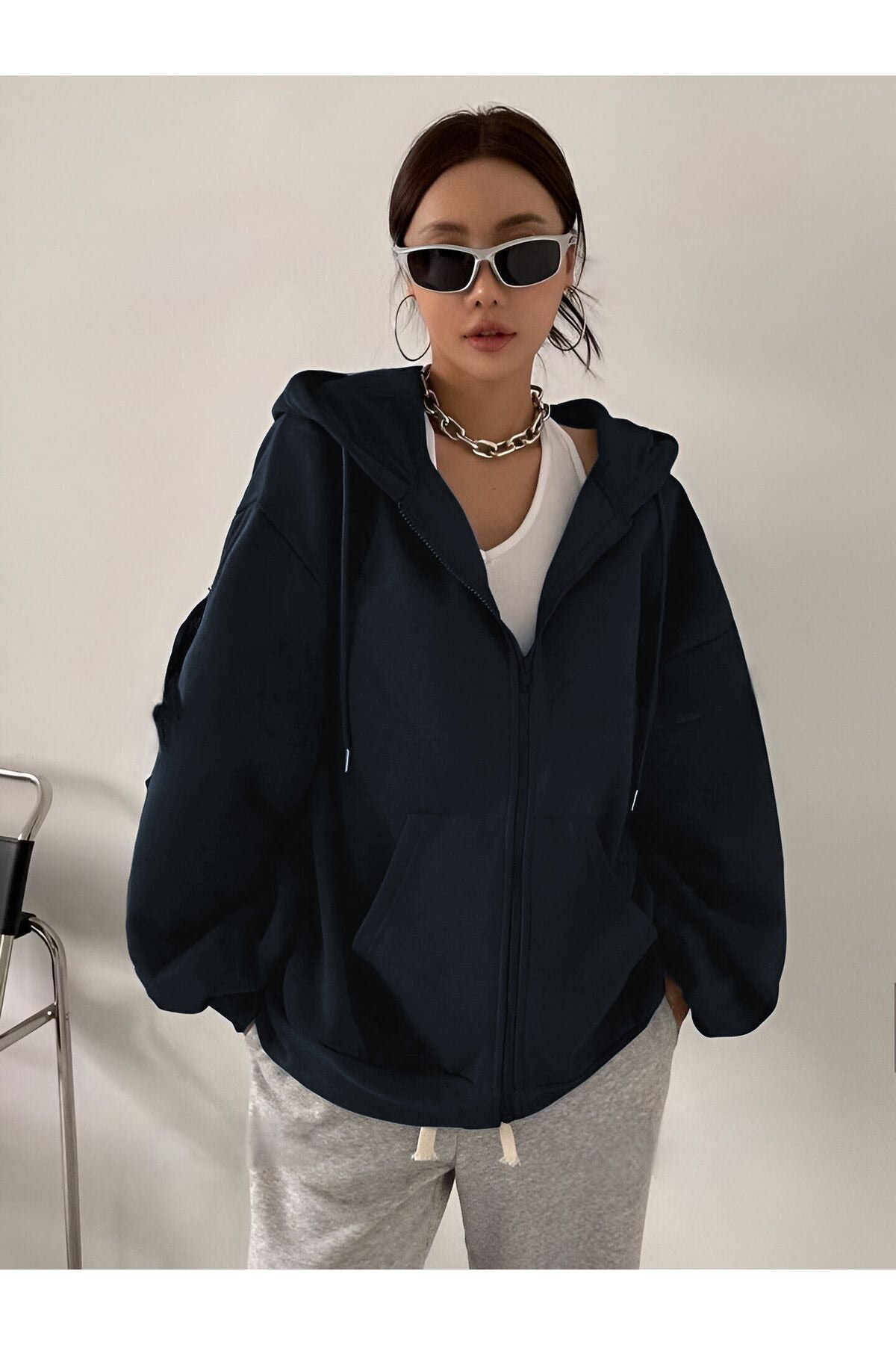 Kadın Lacivert Fermuarlı Oversize 3i̇plik Polar Sweatshirt Hırka - Lacivert - 1