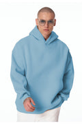 Erkek Bol Kesim Oversize 3 İ̇plik İ̇çi Pamuklu Şardonlu Kanguru Cep Kapşonlu Kışlık Hoodie Sweatshirt - Bebe Mavisi - 1